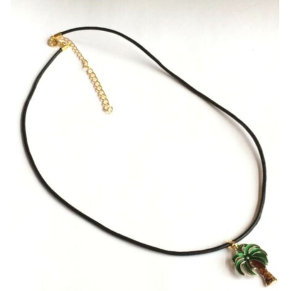Gold Coconut Palm Tree Necklace Island Beach 21" Green Enamel Black Leather Cord - Picture 5 of 8